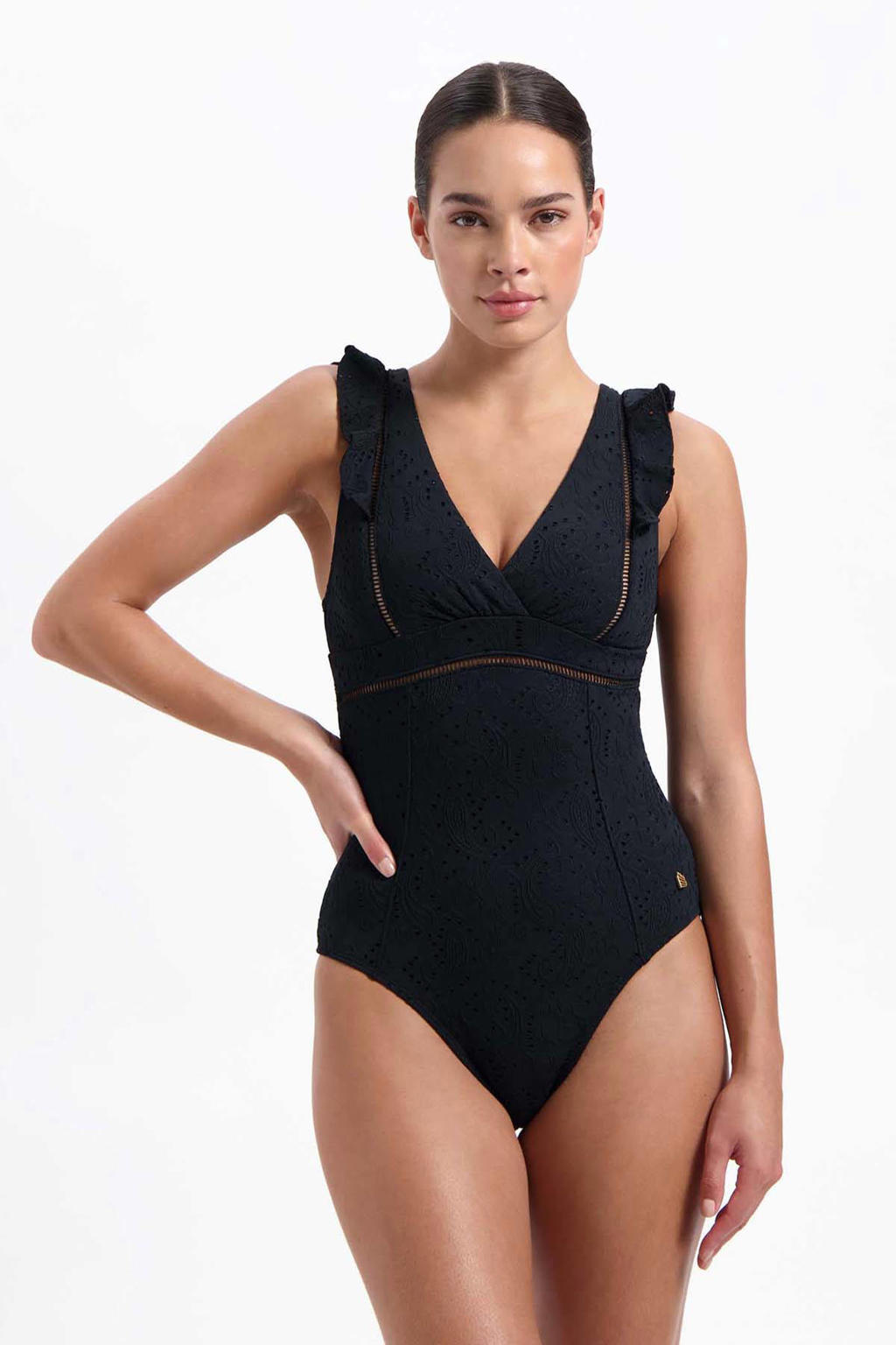 Beachlife badpak broderie anglaise met ruches zwart