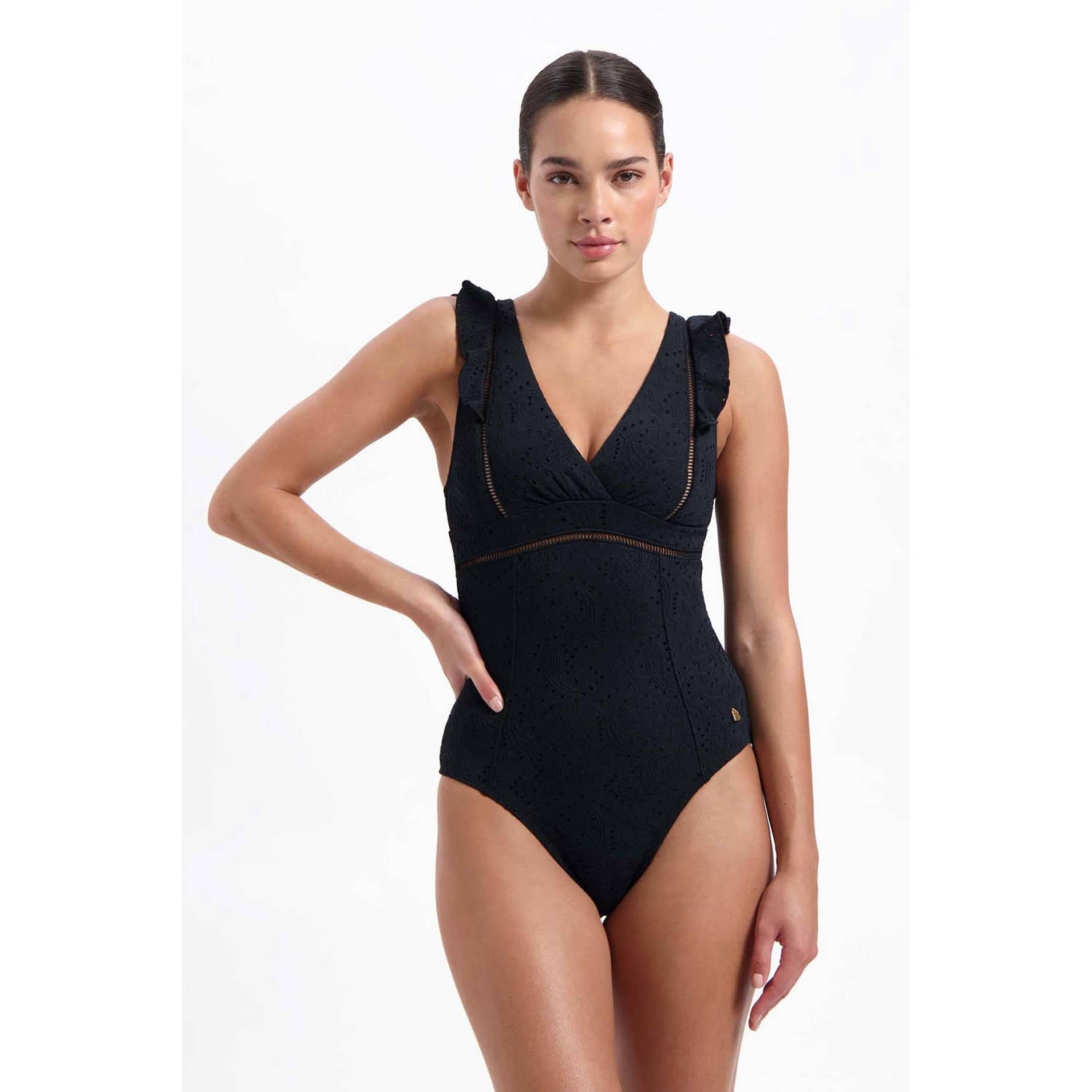 Beachlife broderie anglaise badpak met ruches zwart