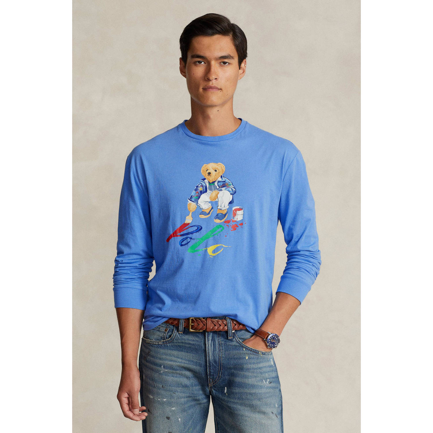 POLO Ralph Lauren slim fit longsleeve met printopdruk summer blue paint bear