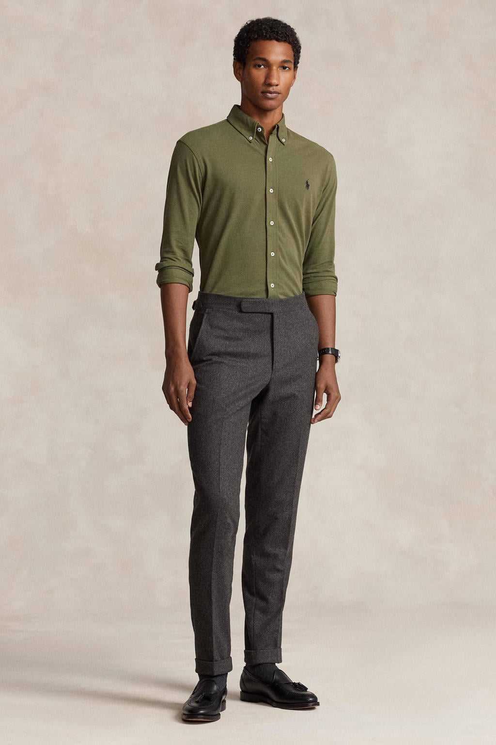 Groene heren POLO Ralph Lauren regular fit overhemd van katoen met logo dessin, lange mouwen, button down sluiting en knoopsluiting