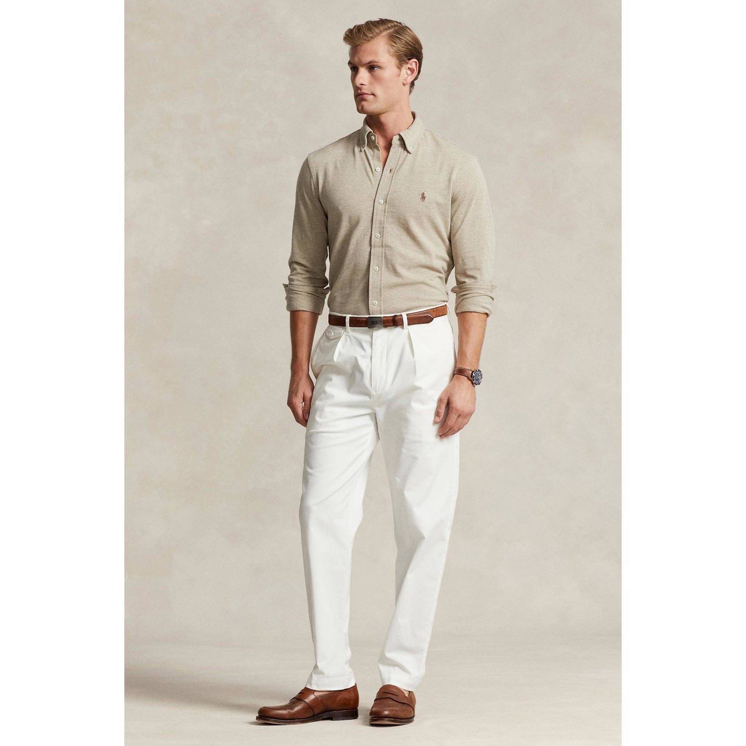POLO Ralph Lauren gemêleerd regular fit overhemd tuscan beige heather