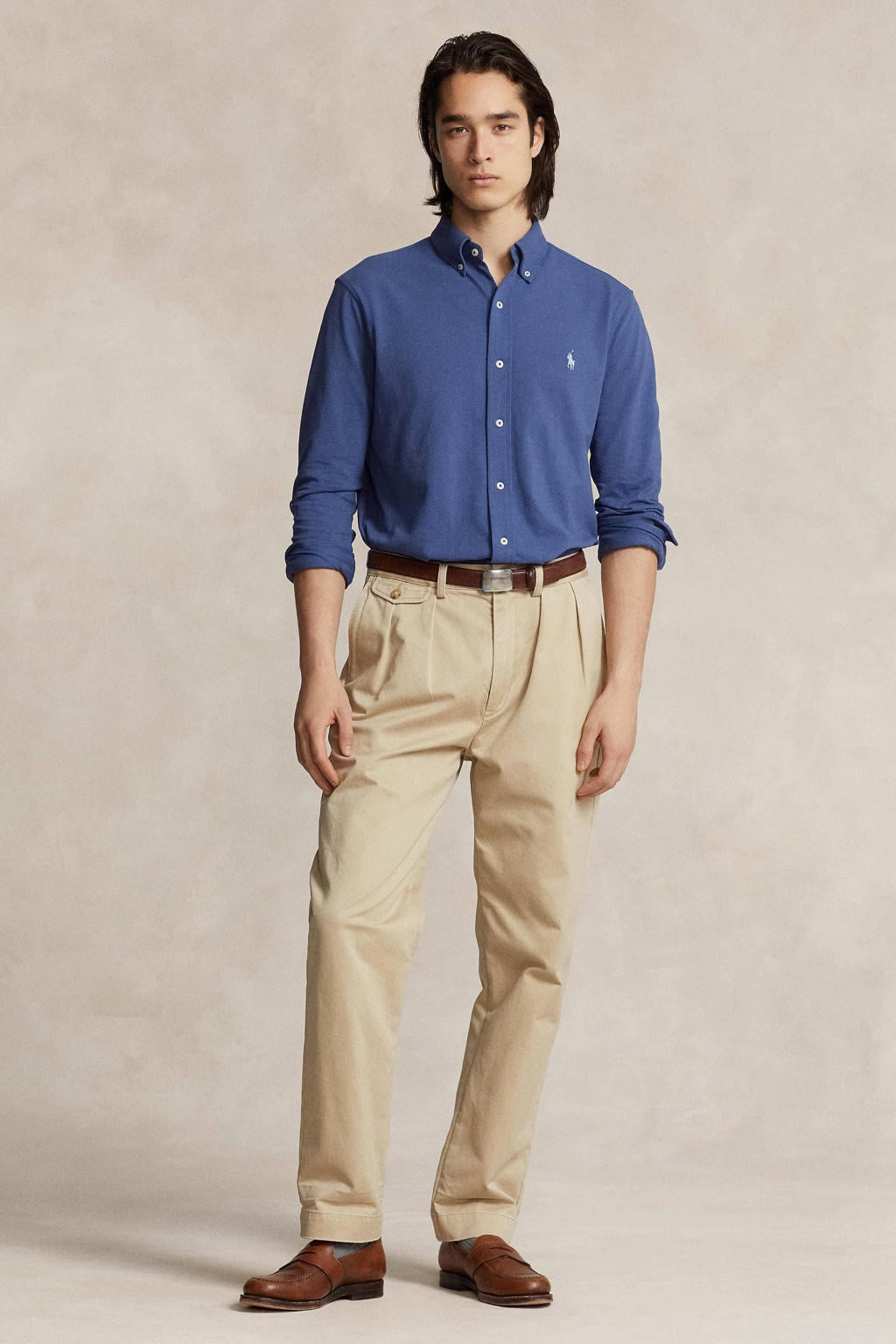 Blauwe heren POLO Ralph Lauren slim fit overhemd van katoen met effen, lange mouwen en button down sluiting