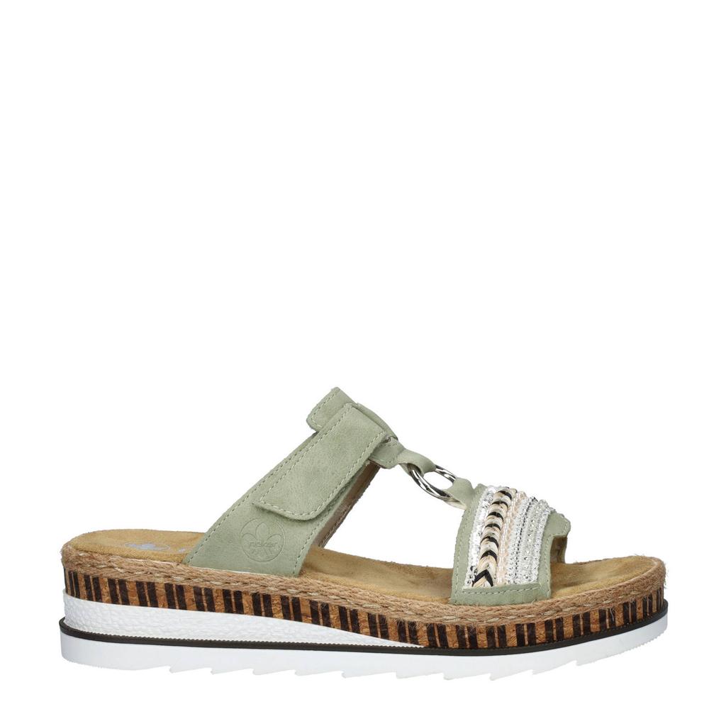 Lichtgroene dames Rieker slippers met sleehak en effen