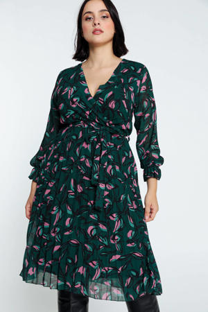 semi-transparante jurk met all over print en ceintuur groen/zwart/roze