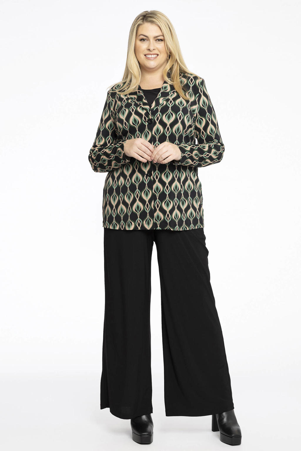 YOEK getailleerde blazer met all over print zwart/groen/ecru