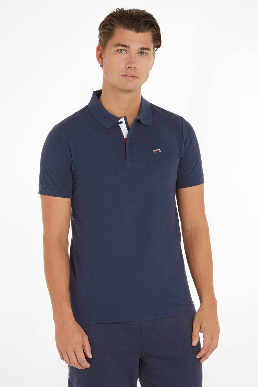 Blauwe heren Tommy Jeans slim fit polo Twilight navy van katoen met logo dessin, korte mouwen en pique