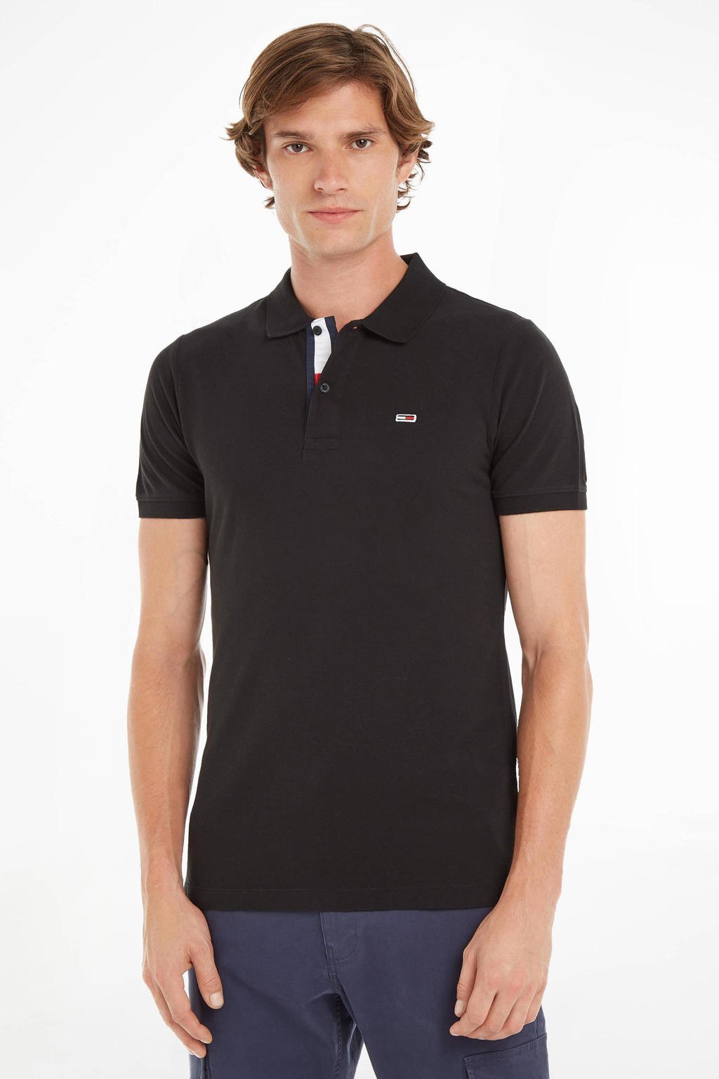 Zwarte heren Tommy Jeans slim fit polo Black van katoen met logo dessin, korte mouwen en pique