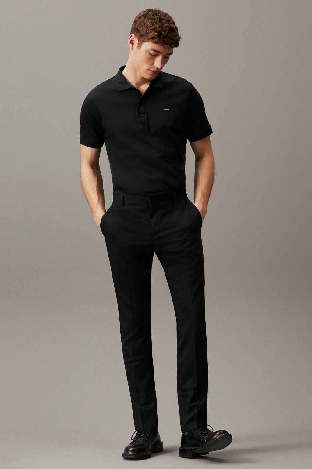 Zwarte heren Calvin Klein slim polo van katoen met logo dessin en korte mouwen