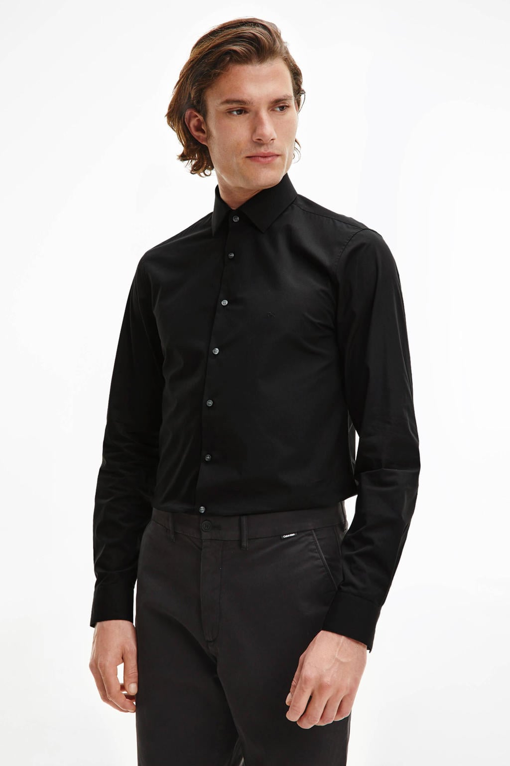 Zwarte heren Calvin Klein slim fit overhemd van katoen met effen, lange mouwen en klassieke kraag