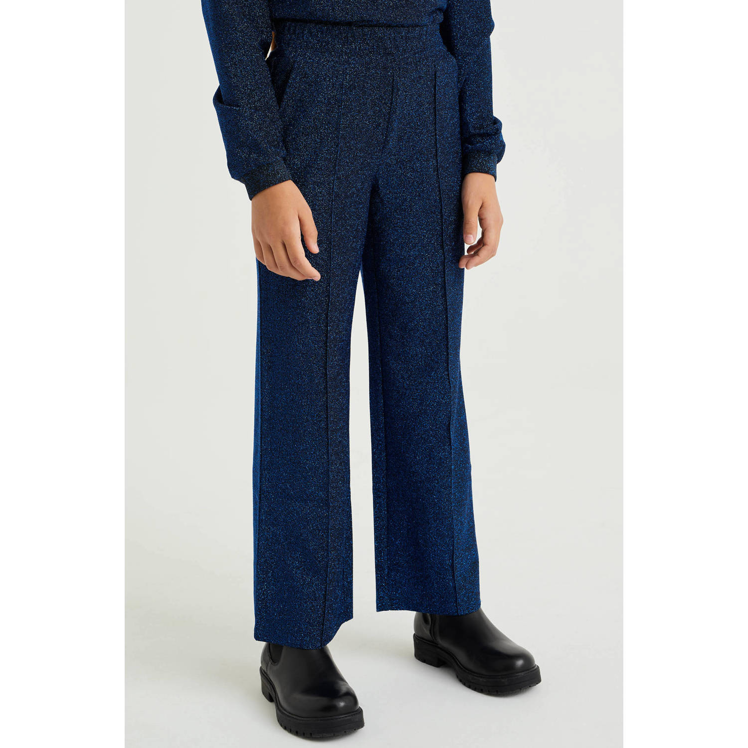 WE Fashion straight fit broek met glitters donkerblauw Meisjes Stretchkatoen 104
