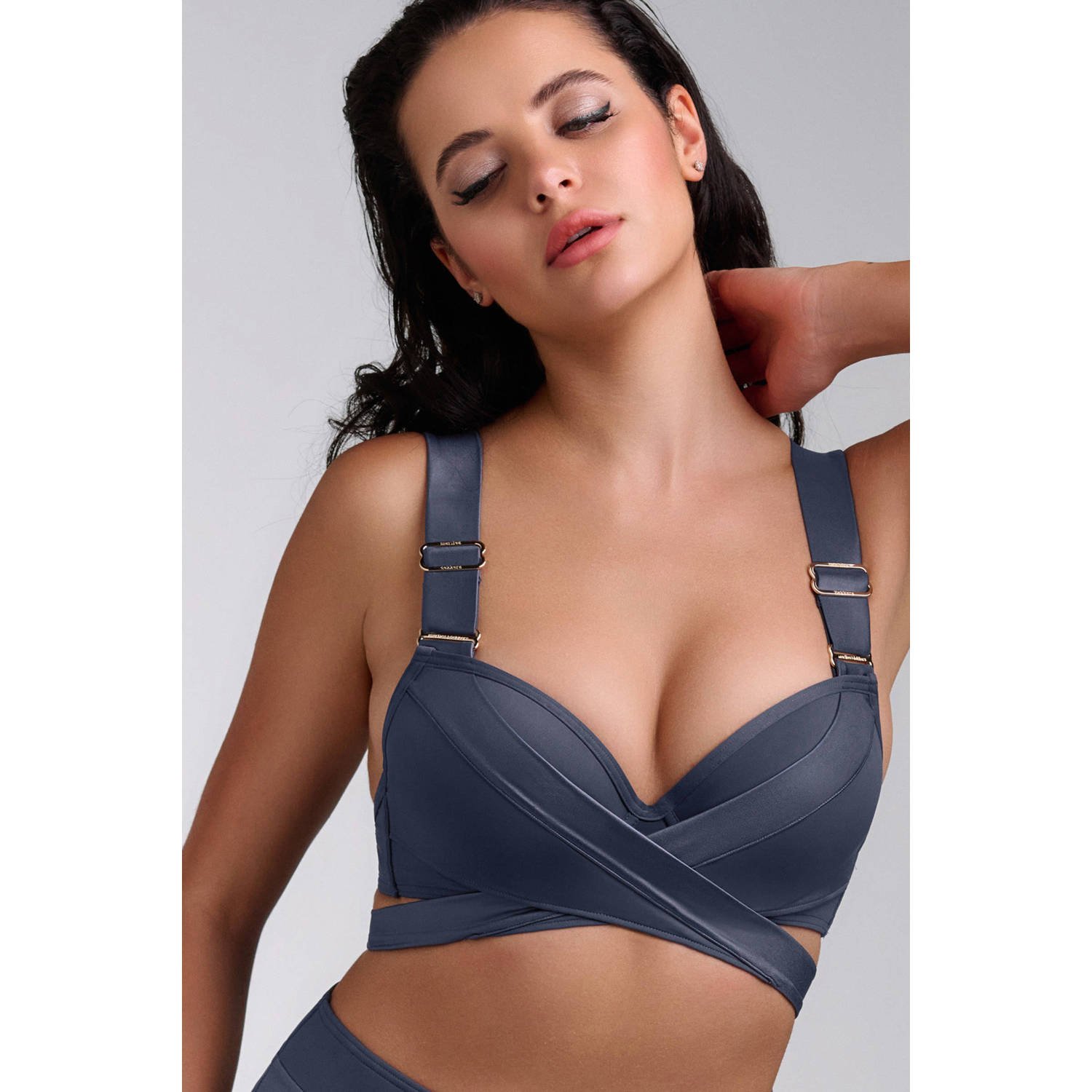Marlies Dekkers cache coeur plunge balconette bikini top wired padded steel grey
