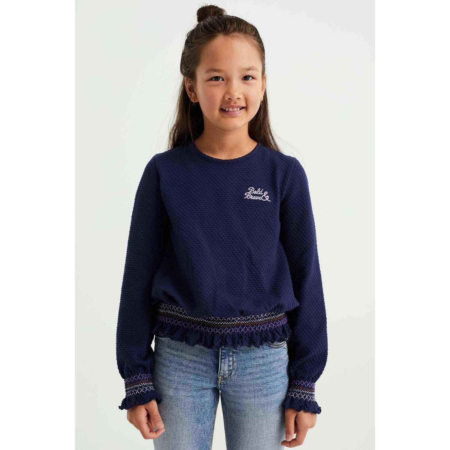 WE Fashion longsleeve donkerblauw Meisjes Sweat Ronde hals 122 128