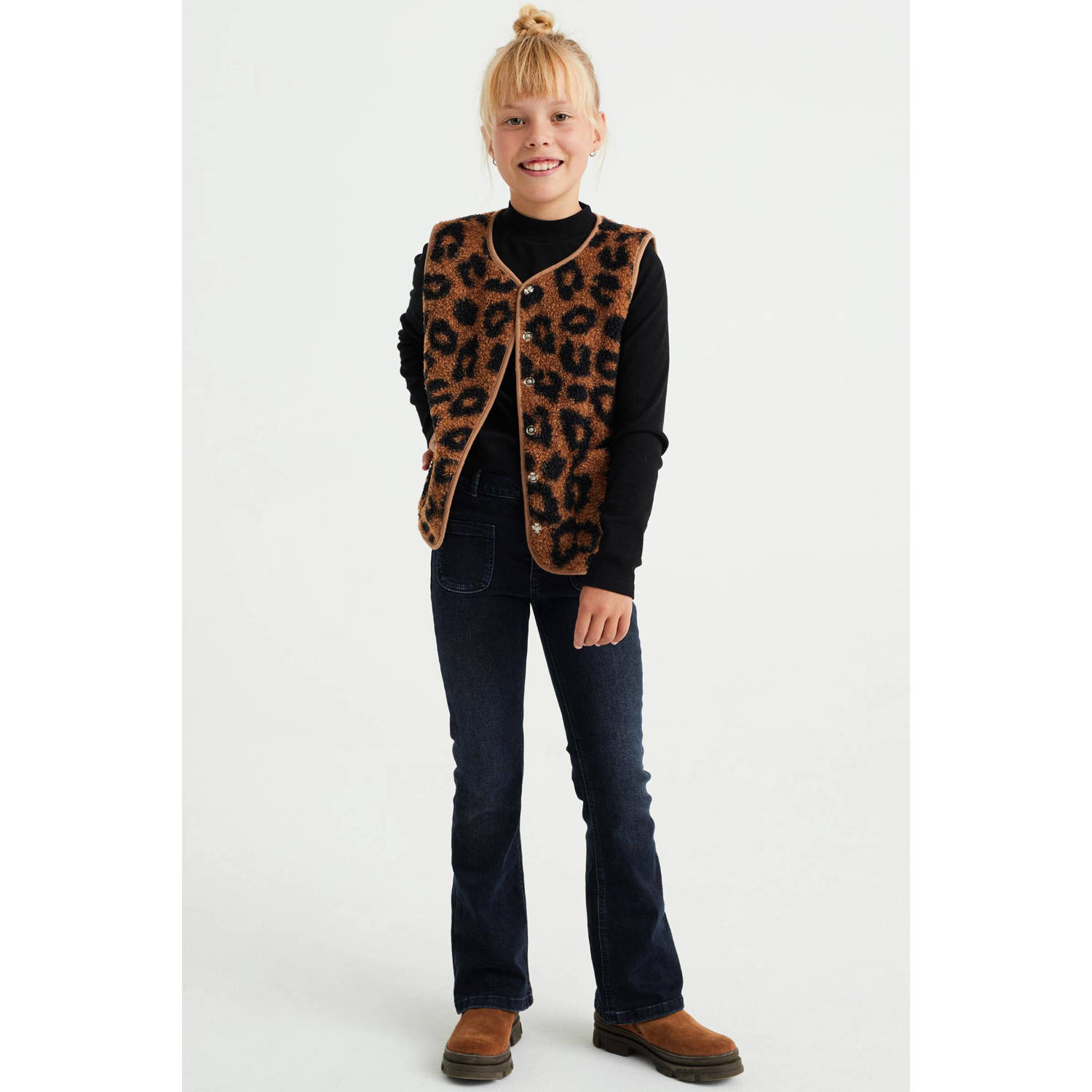 WE Fashion gilet met dierenprint bruin zwart Meisjes Polyester Ronde hals 110 116