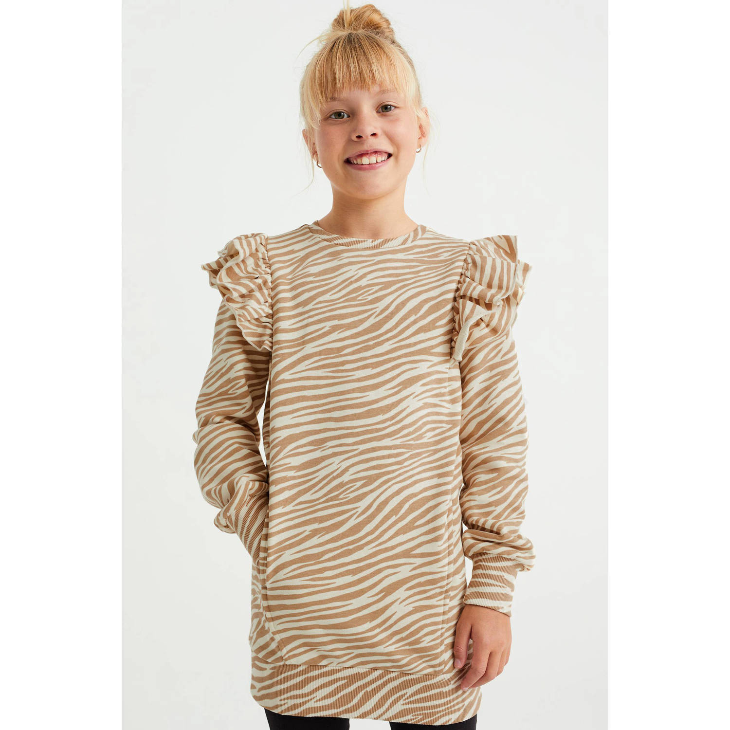 WE Fashion sweatjurk met dierenprint en ruches zand ecru Beige Dierenprint 110 116