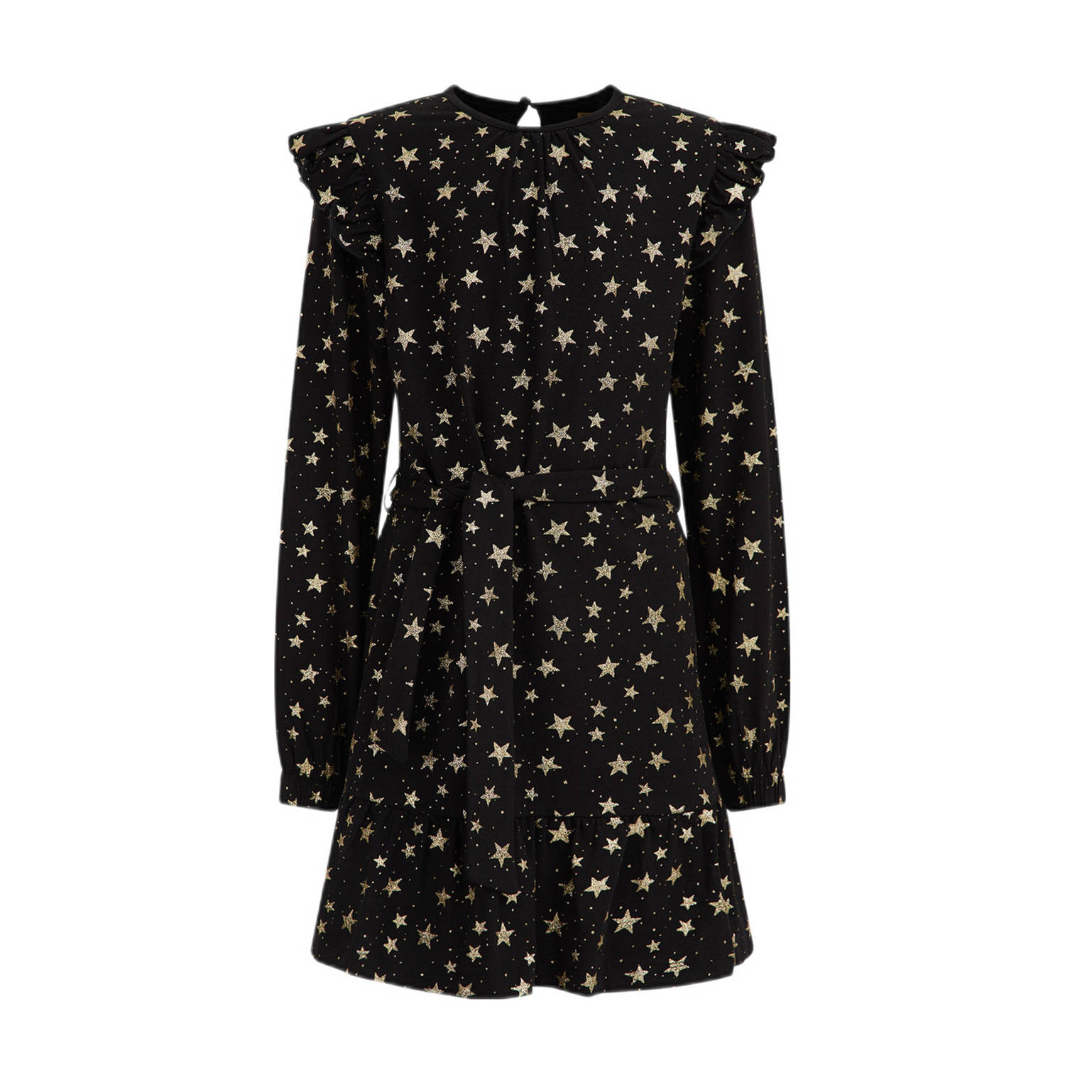 WE Fashion jurk met sterren zwart goud Meisjes Katoen Ronde hals Sterren 110 116