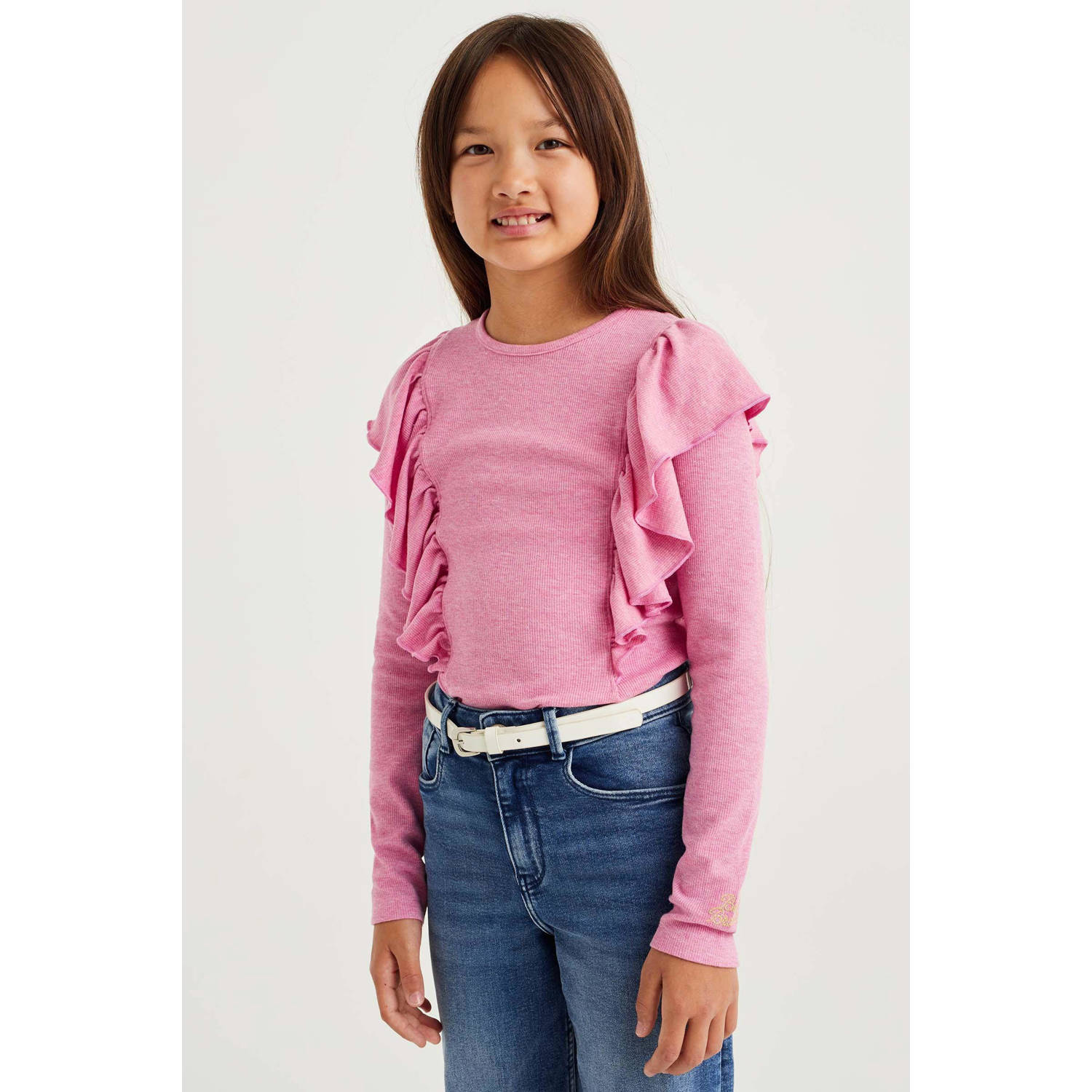 WE Fashion longsleeve met ruches roze Meisjes Polyester Ronde hals 122 128