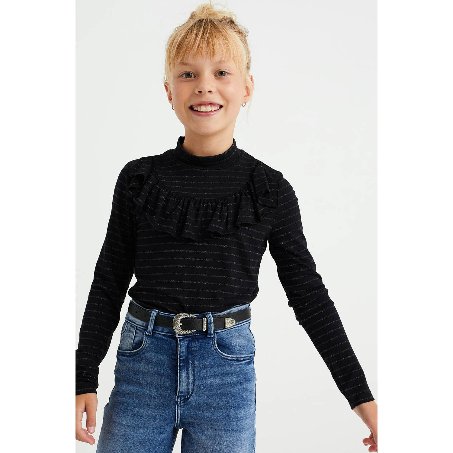 WE Fashion gestreepte top zwart Meisjes Viscose Ronde hals Streep 110 116