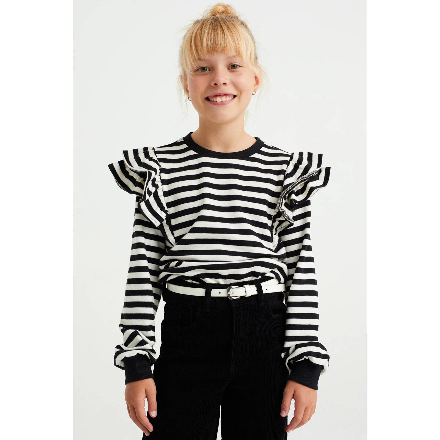 WE Fashion gestreepte sweater zwart wit Meisjes Katoen Ronde hals Streep 110 116