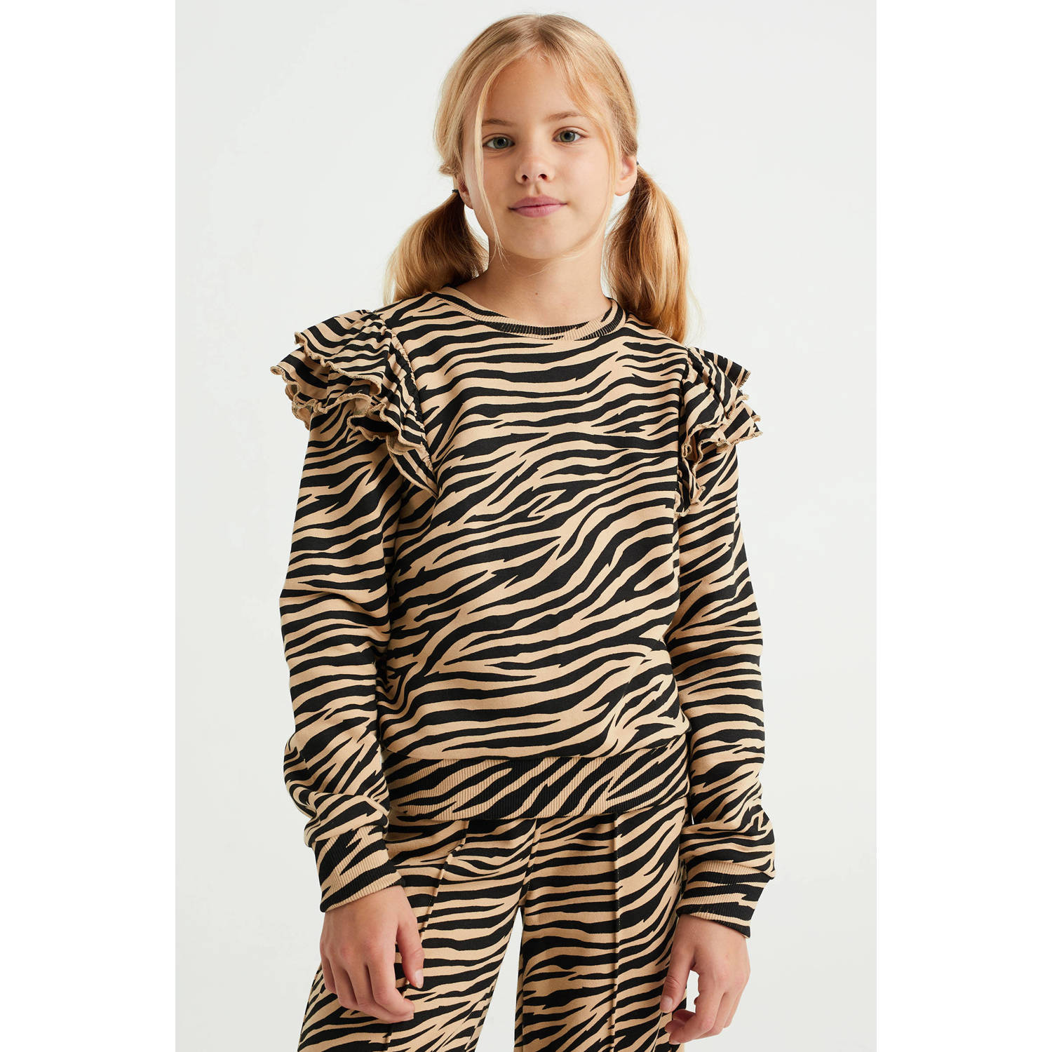 WE Fashion sweater met zebraprint en ruches zand zwart Beige Zebraprint 110 116