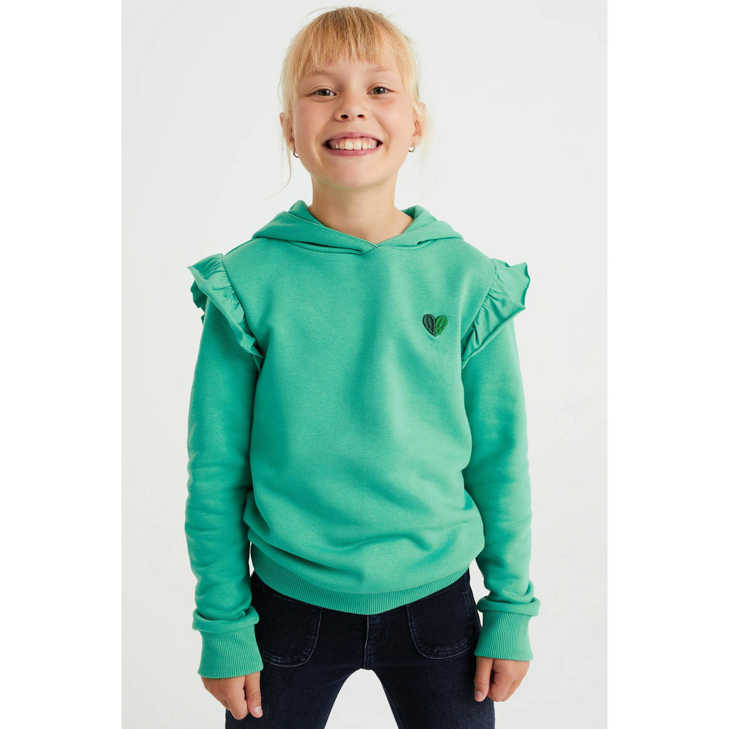 WE Fashion hoodie met ruches groen Sweater 122 128