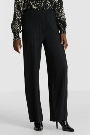 plisse wide leg broek zwart