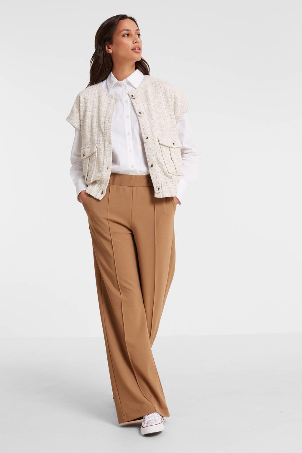 Beige dames Anytime wide leg pantalon met high waist, drukknoopsluiting en effen