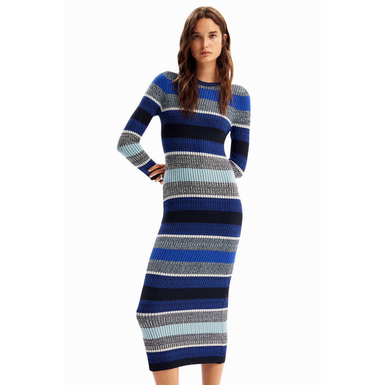 Desigual gestreepte ribgebreide jurk blauw grijs
