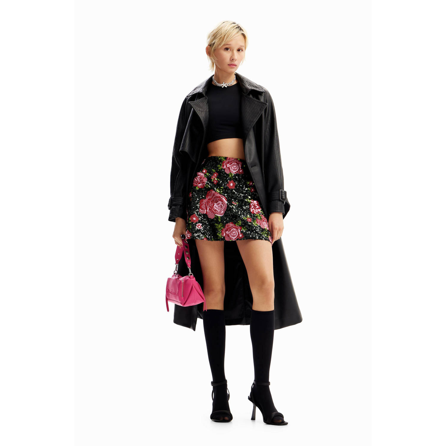 Desigual gebloemde mini rok zwart roze
