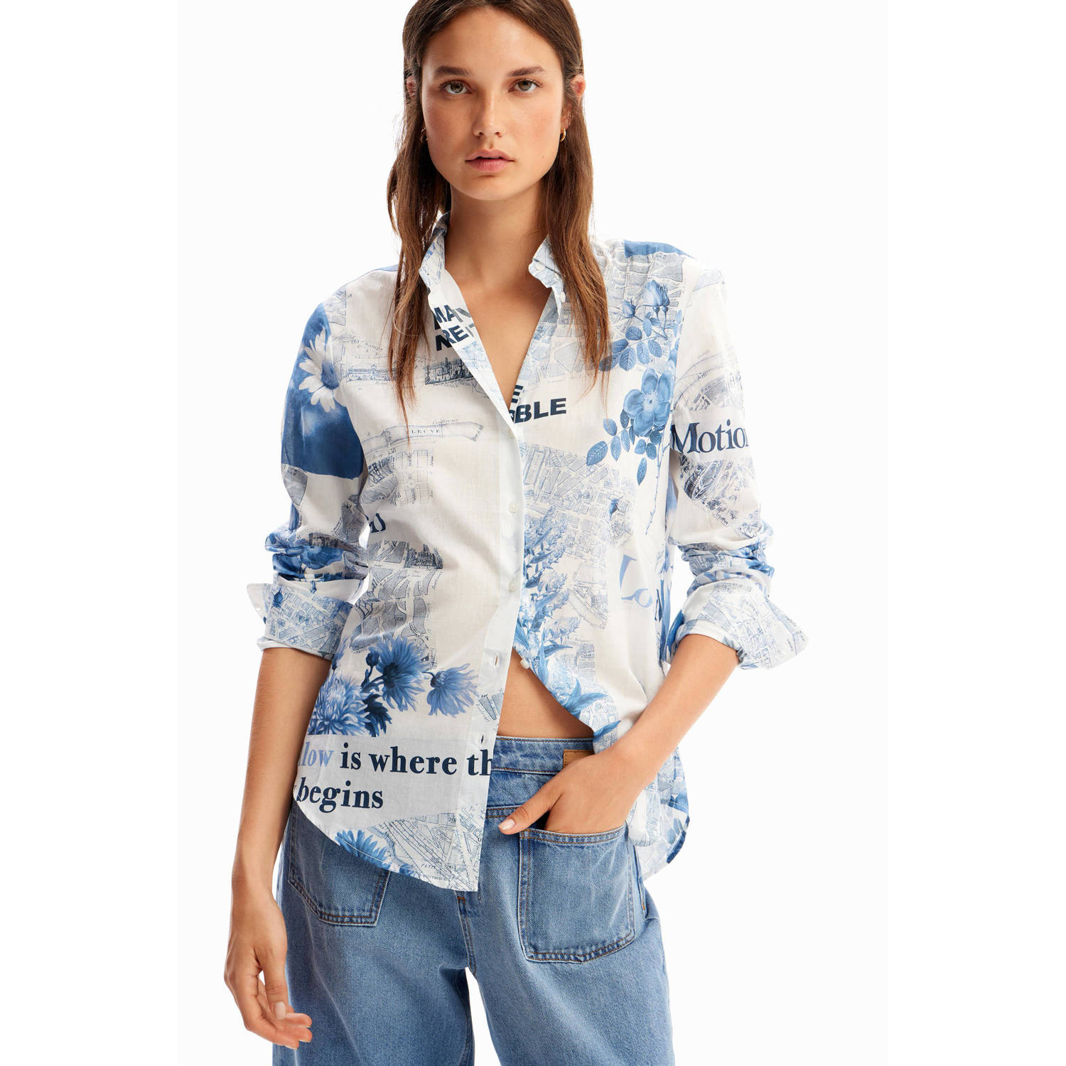 Desigual blouse met all over print wit blauw