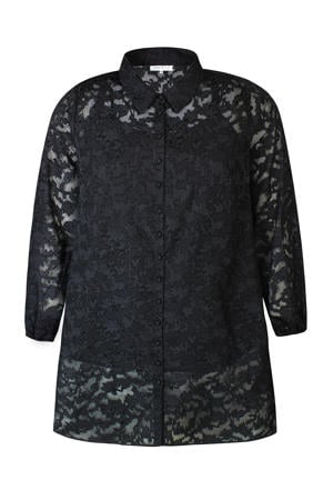 semi-transparante blouse met all over print zwart