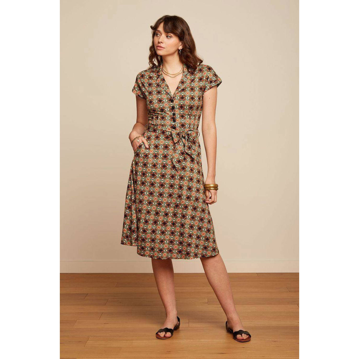 King Louie jurk met all over print en ceintuur zwart oranje groen