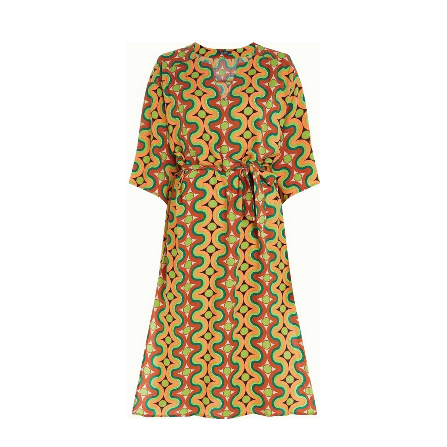 King Louie jurk met all over print en ceintuur geel oranje groen