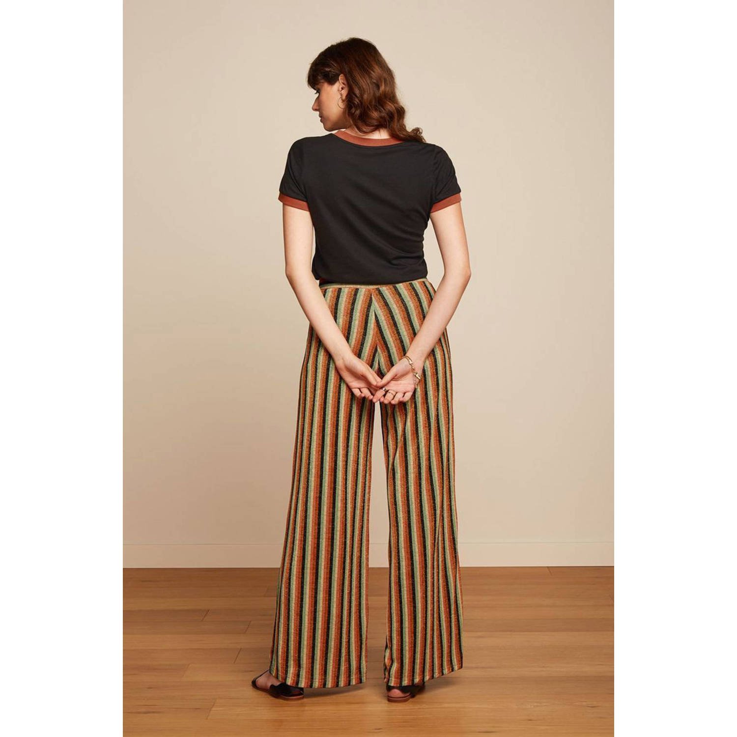 King Louie gestreepte wide leg broek Sara Pants Piso Stripe zwart oranje blauw