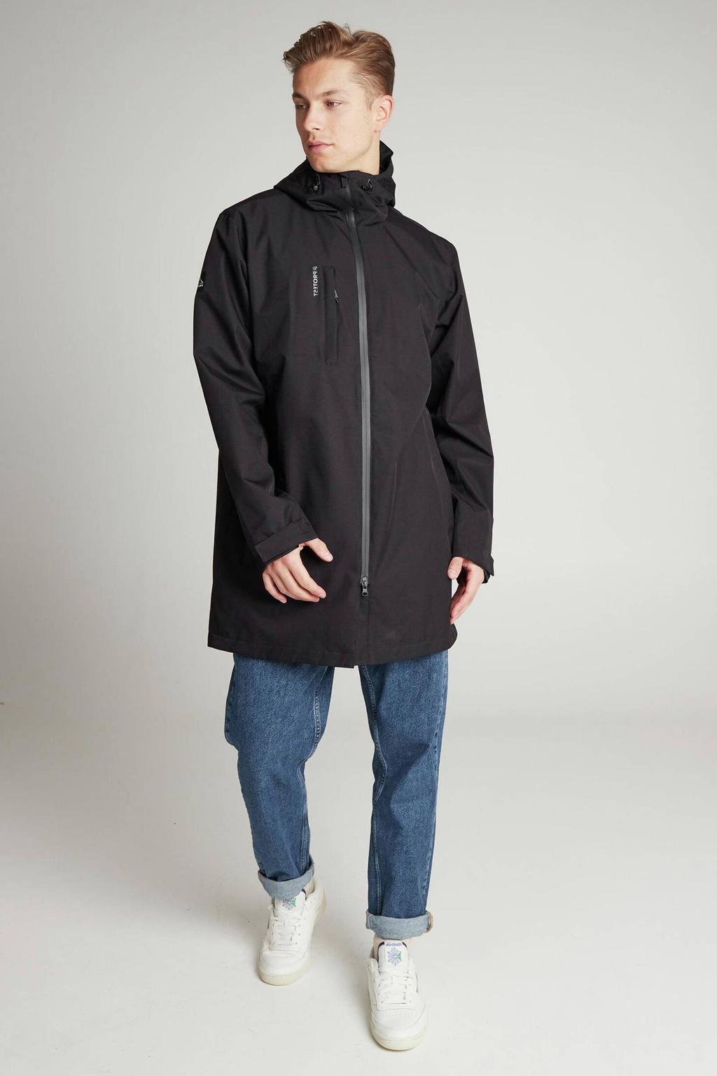 Zwarte heren Protest outdoor regenjas Thoreau van polyester met effen, lange mouwen, capuchon en 2-way rits