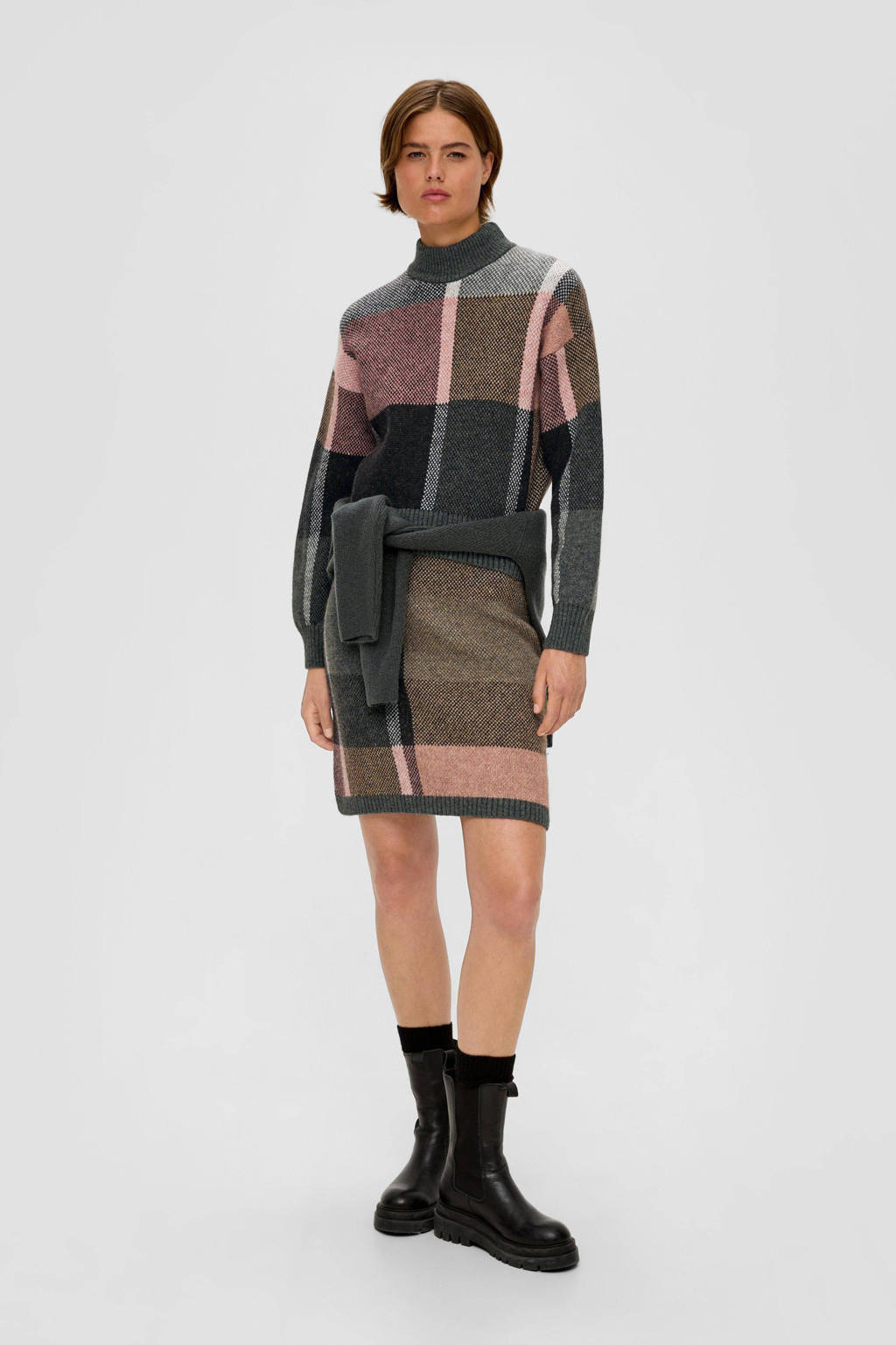 geruite trui met wol grijs/ roze wehkamp