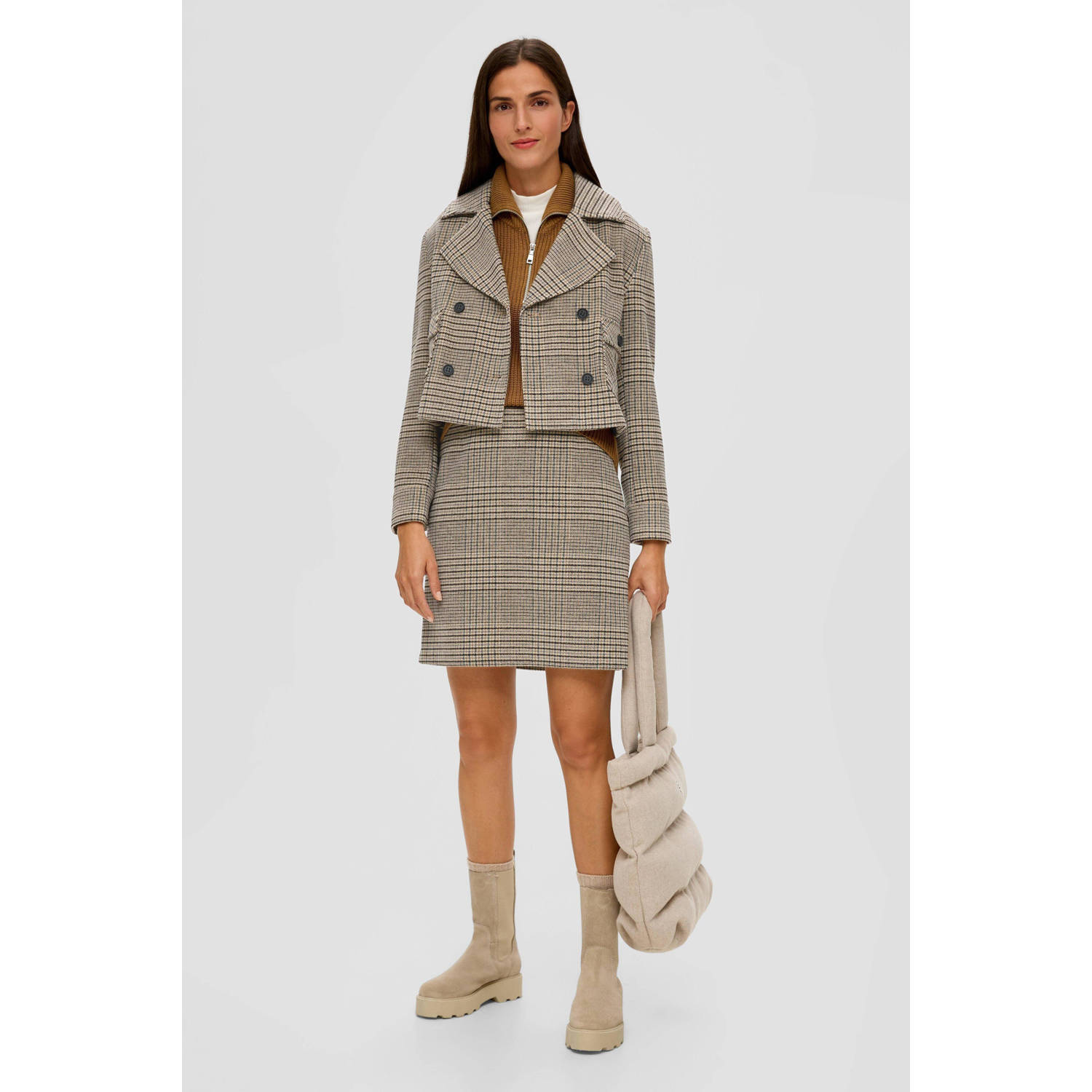 s.Oliver geruite mini rok met wol beige