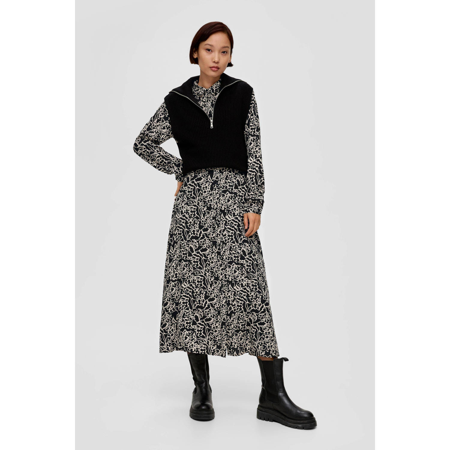 S.Oliver blousejurk met all over print en ceintuur zwart ecru