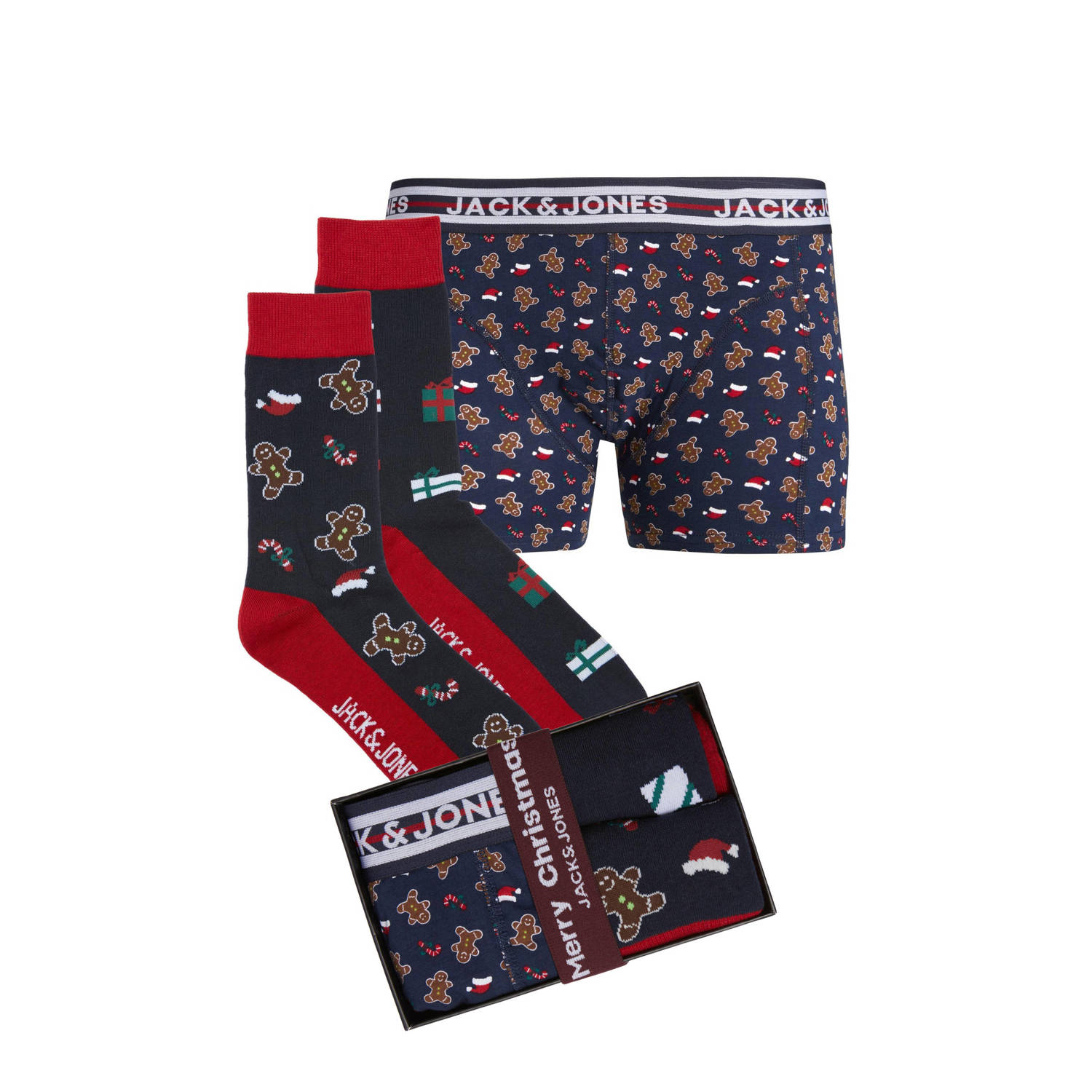 JACK & JONES giftbox boxershort + 2 paar sokken JACGINGERMAN met kerst print
