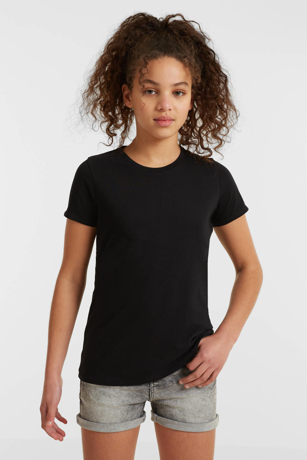 Zwarte meisjes anytime basic T-shirt van katoen met effen, korte mouwen en ronde hals
