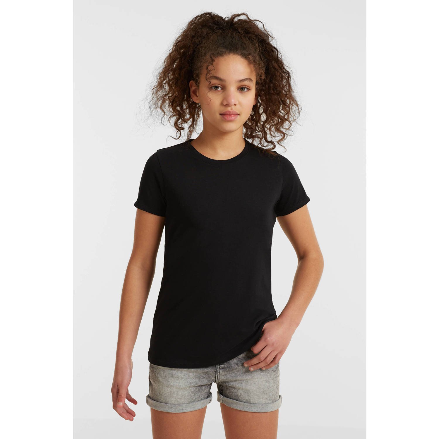Anytime basic T-shirt zwart Meisjes Katoen Ronde hals Effen 110 116