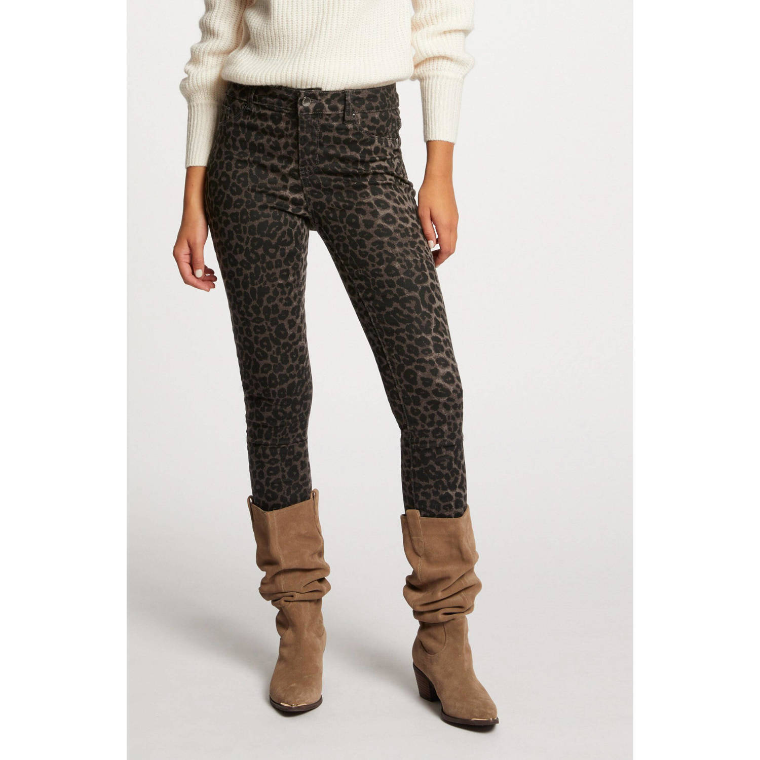 Morgan skinny jeans met panterprint zwart taupe