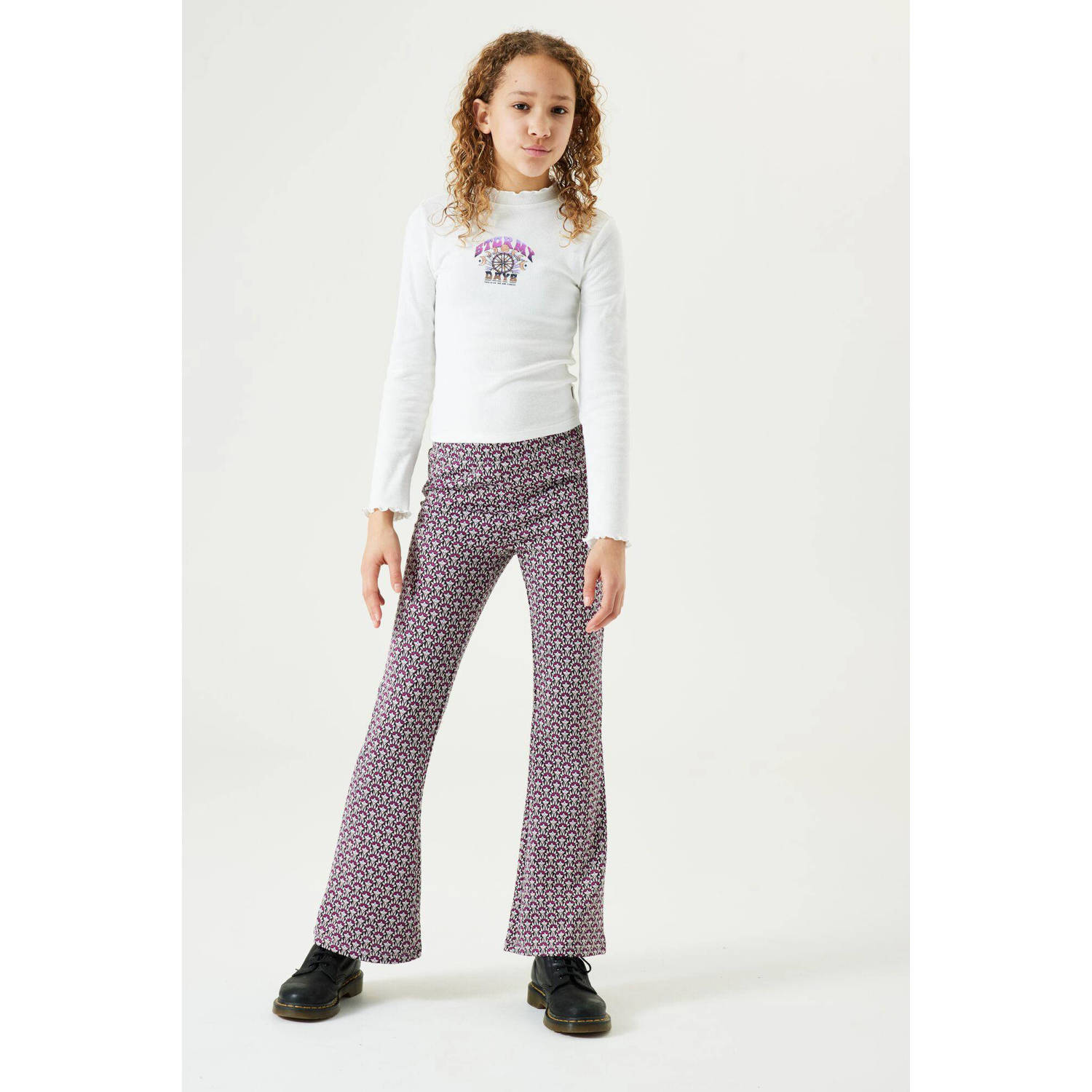 Garcia high waist flared broek met all over print paars wit zwart Meisjes Polyester 128