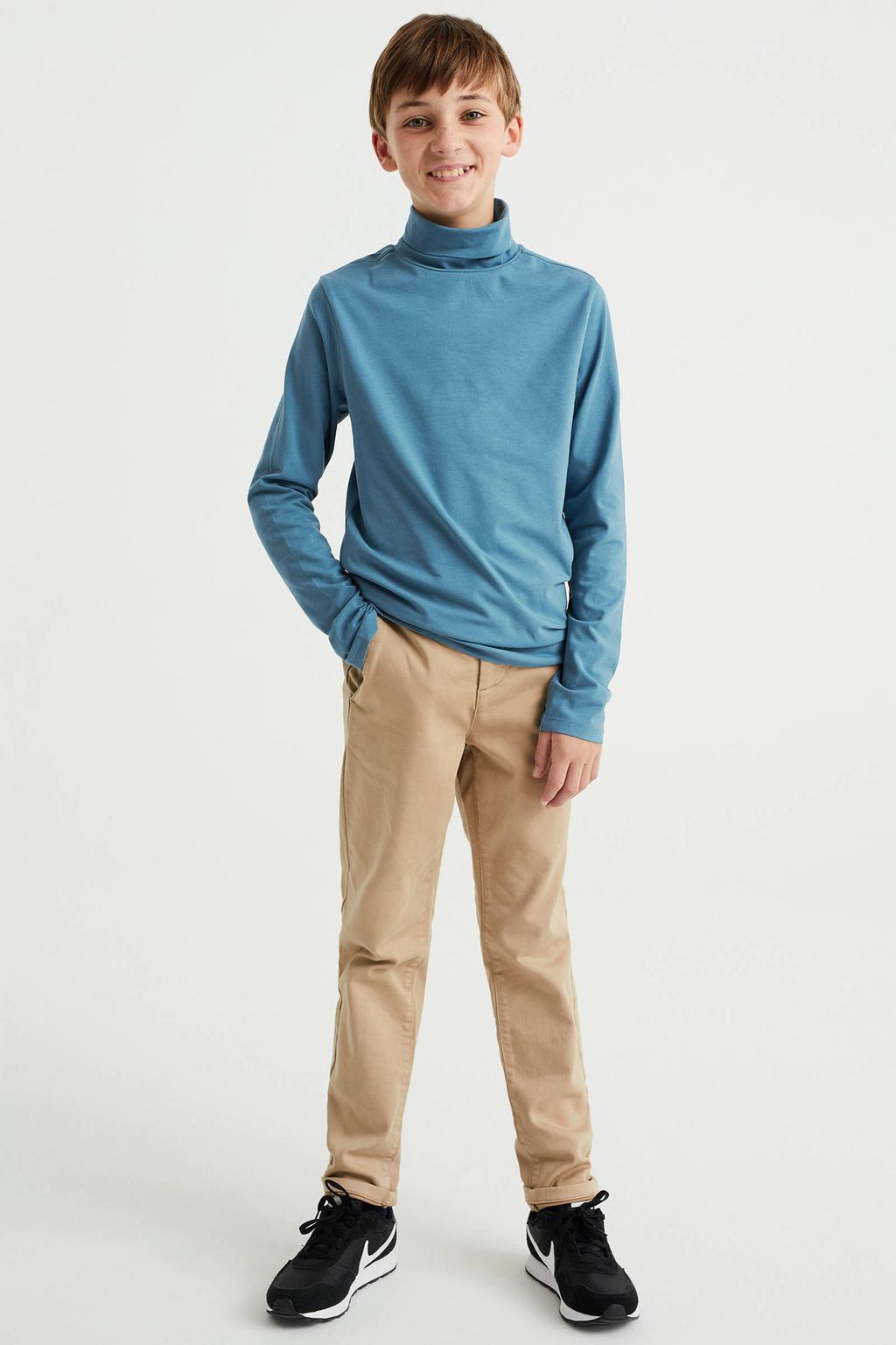 Blauwe jongens WE Fashion longsleeve van stretchkatoen met effen, lange mouwen en col
