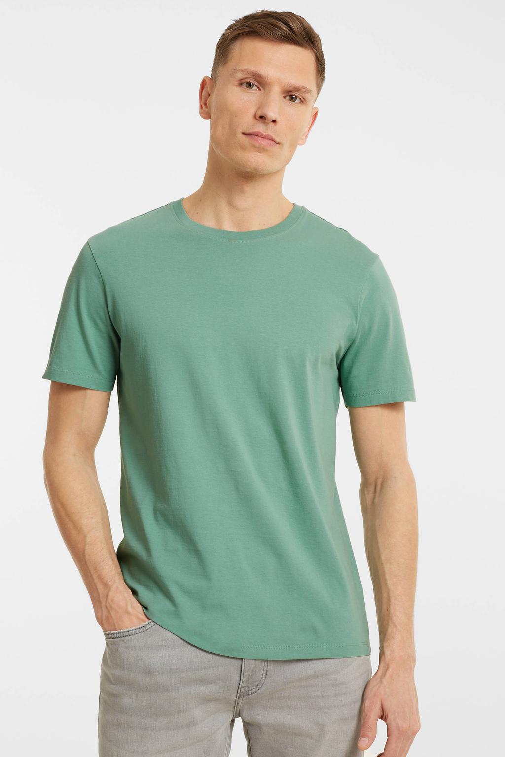 Groene heren Anytime T-shirt van katoen met effen, korte mouwen, ronde hals en geweven detail