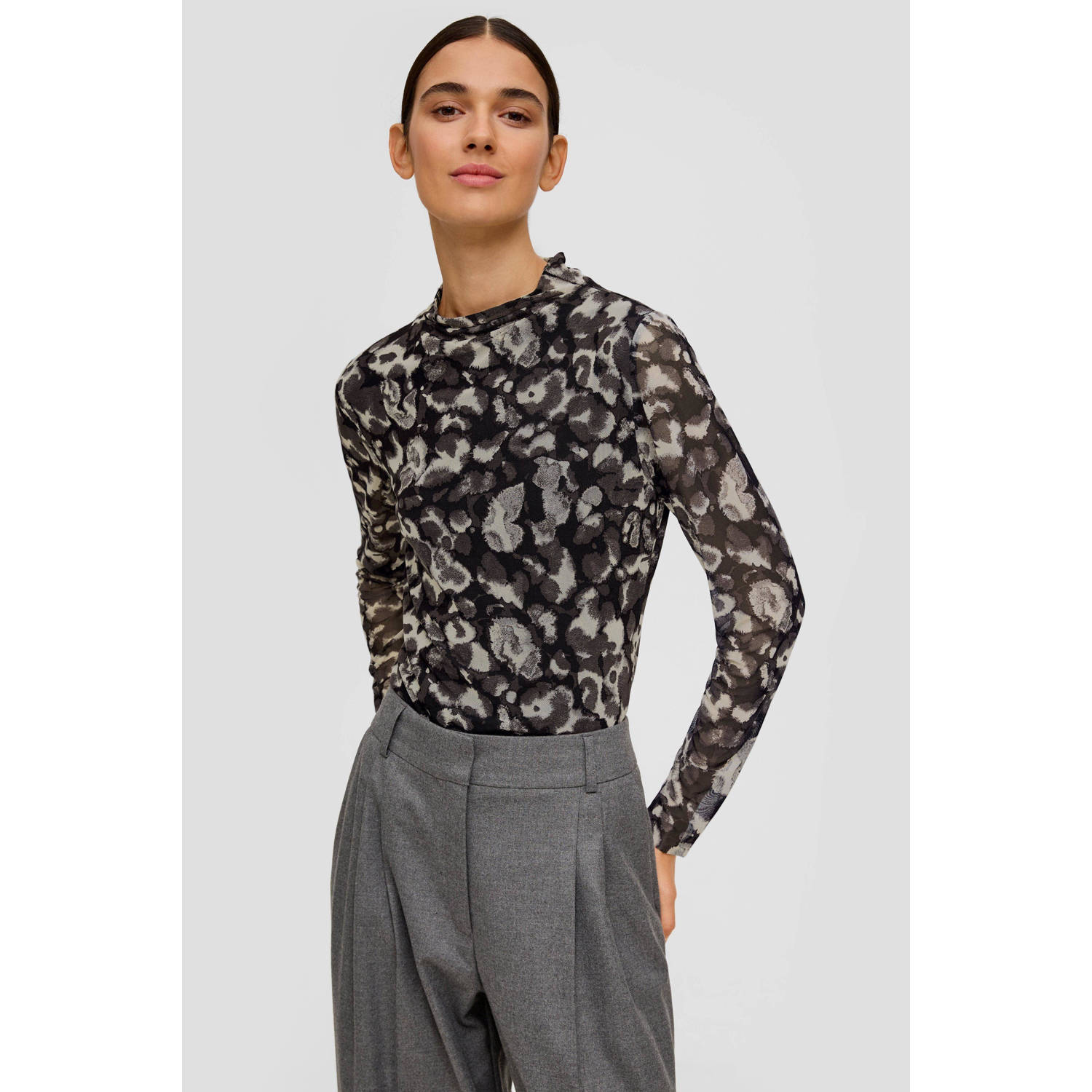 s.Oliver BLACK LABEL top met all over print en mesh grijs