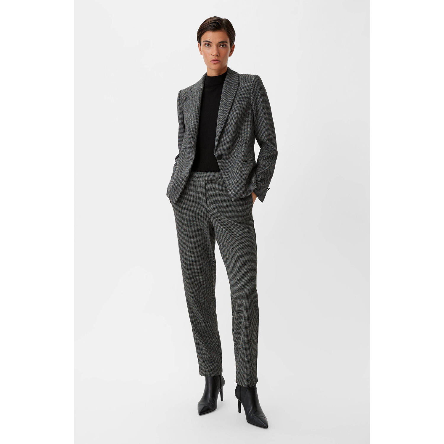 comma straight fit pantalon met pied-de-poule zwart grijs