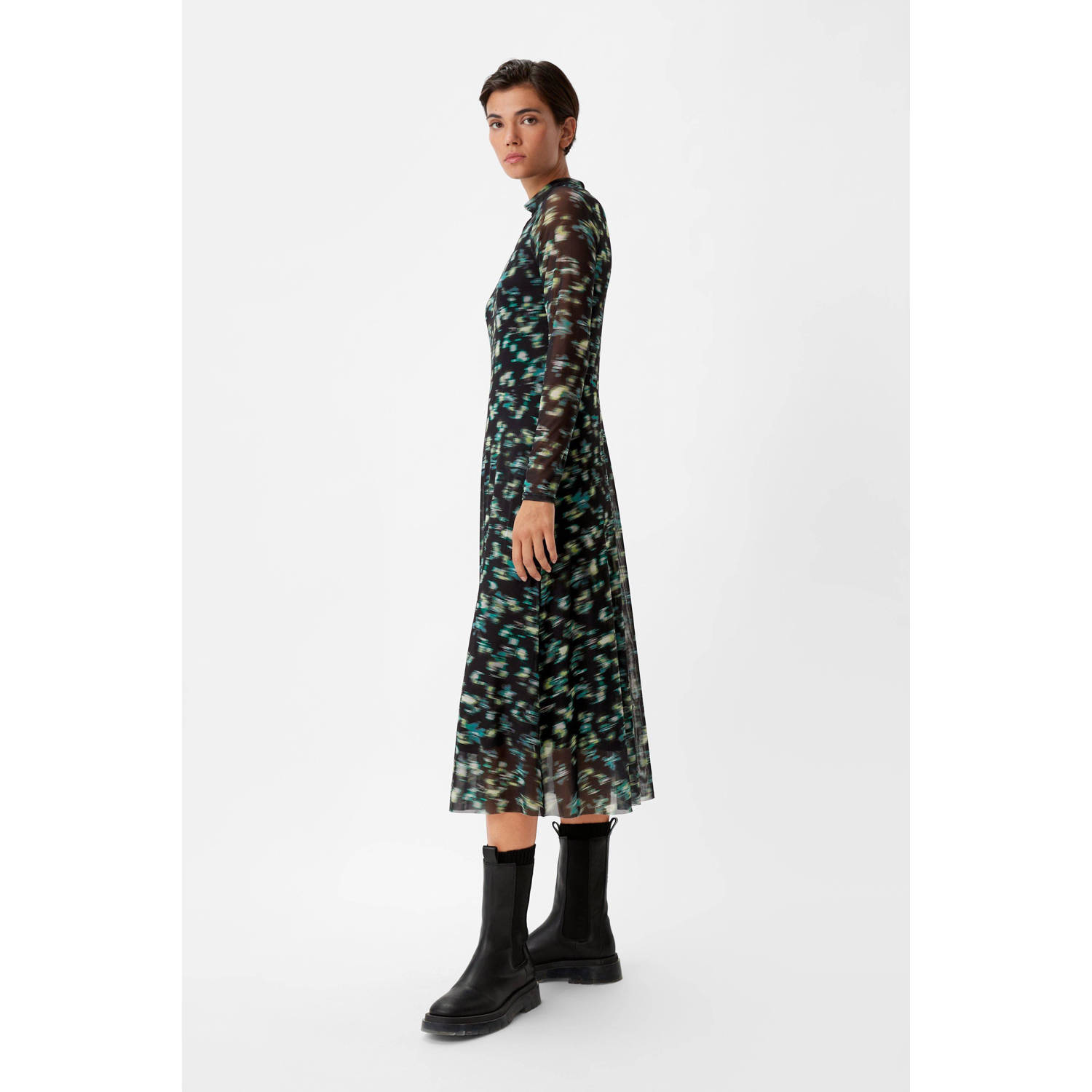 Comma casual identity semi-transparante jurk met all over print zwart lichtgroen lichtblauw