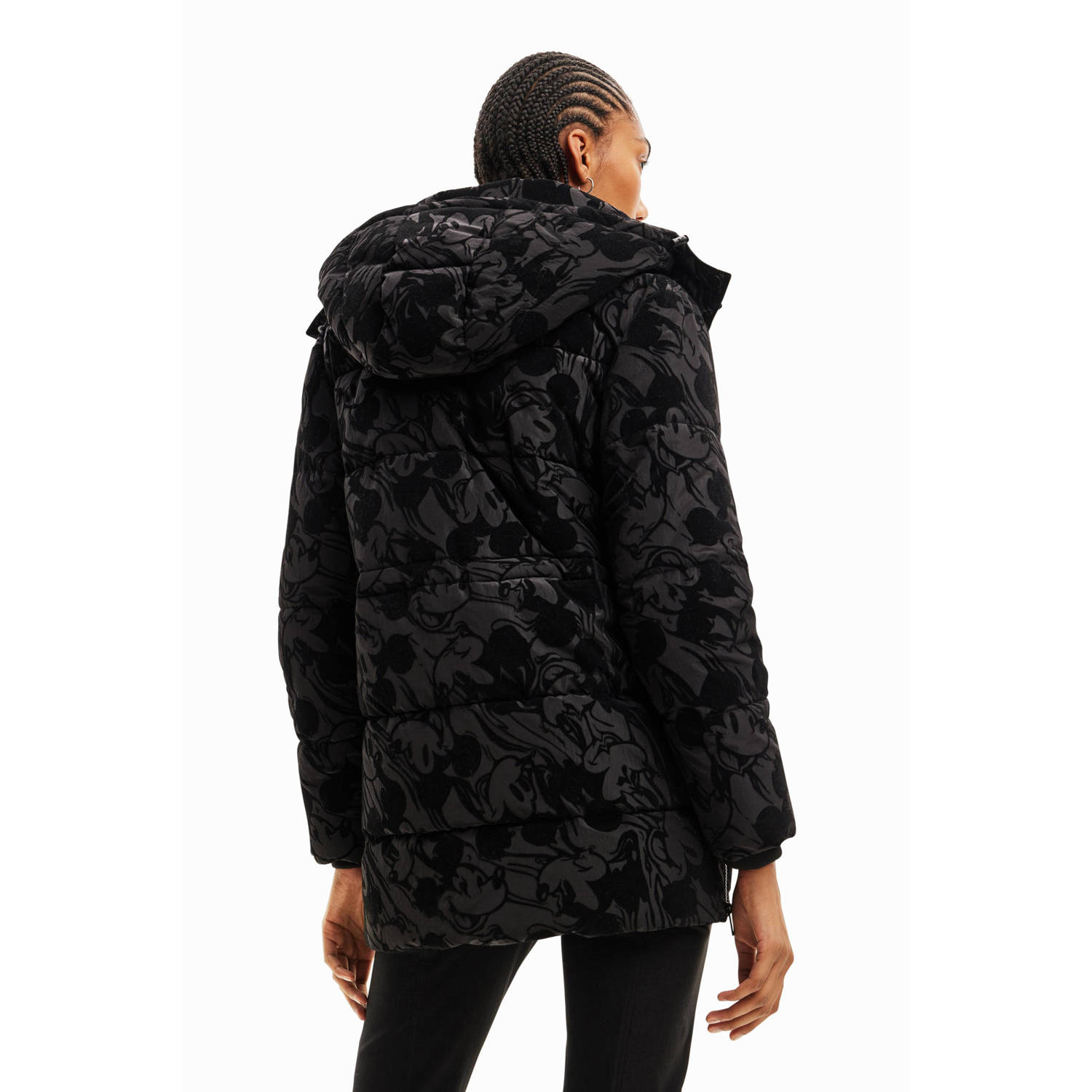 Desigual gewatteerde jas met mickey flockprint zwart