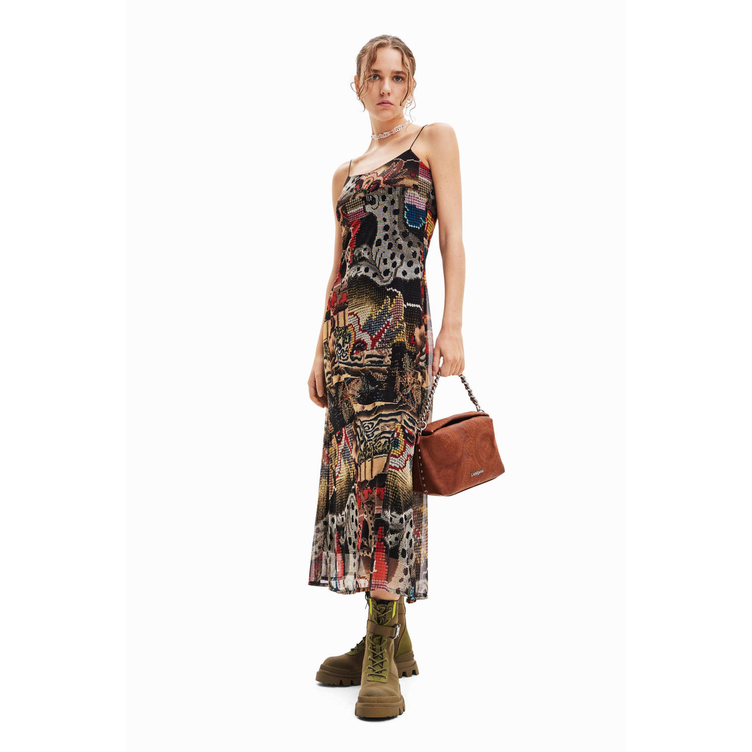 Desigual A-lijn jurk met all over print zwart zand rood