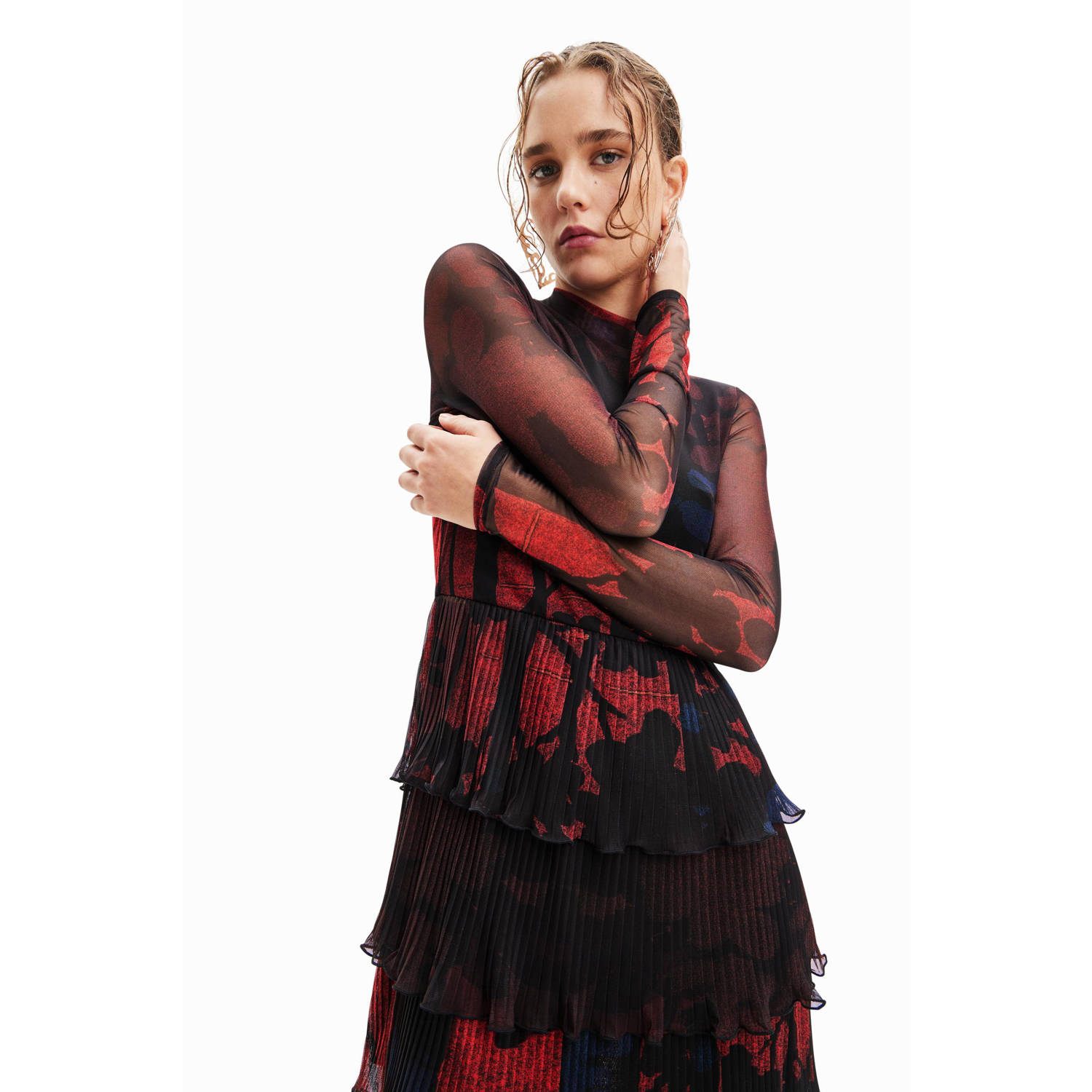 Desigual mesh jurk met all over print zwart rood blauw